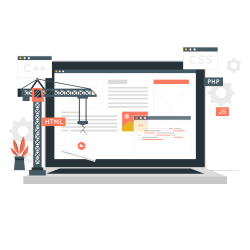 Modern web development concept with coding and technology elements on a blue gradient background
