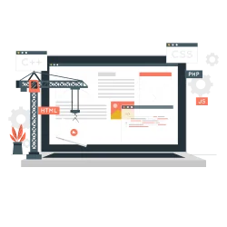 Modern web development concept with coding and technology elements on a blue gradient background